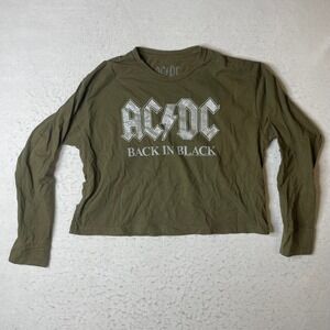 ACDC Back in Black Long Sleeve Crop Top T Shirt Olive Green Large